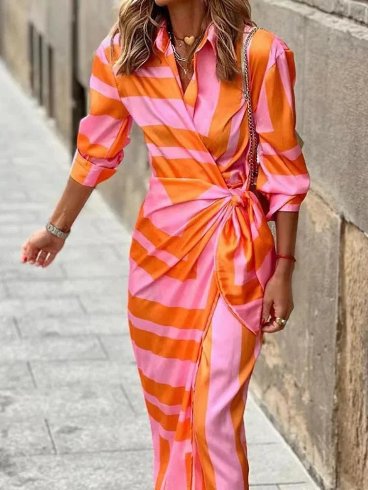 Abito Midi Donna Portafoglio Manica Lunga Motivo Geometrico - Vesarelli