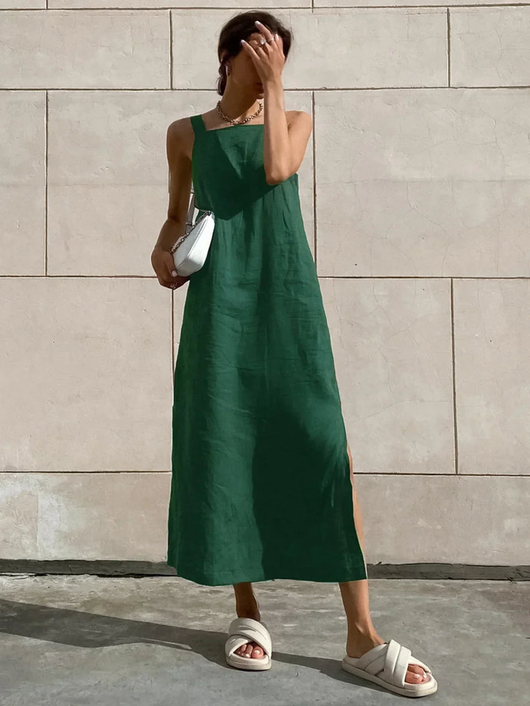 Abito Midi Donna Svasato Senza Maniche con Spacco Estivo - Vesarelli