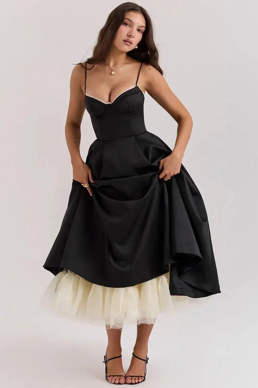 Abito Midi Donna in Satin Bretelle Sottili Tulle - Vesarelli