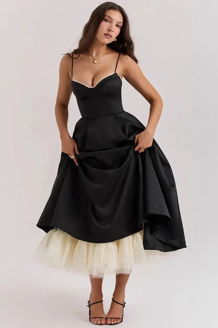 Abito Midi Donna in Satin Bretelle Sottili Tulle - Vesarelli