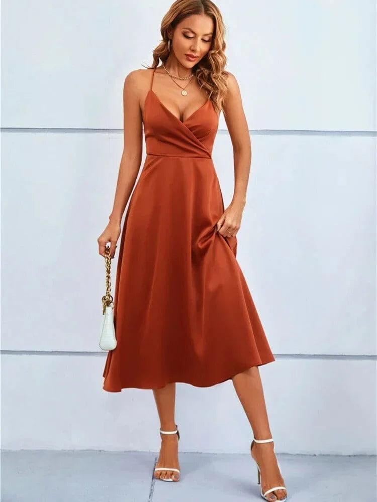 Abito Midi Donna in Satin Scollo a V Bretelle Regolabili - Vesarelli