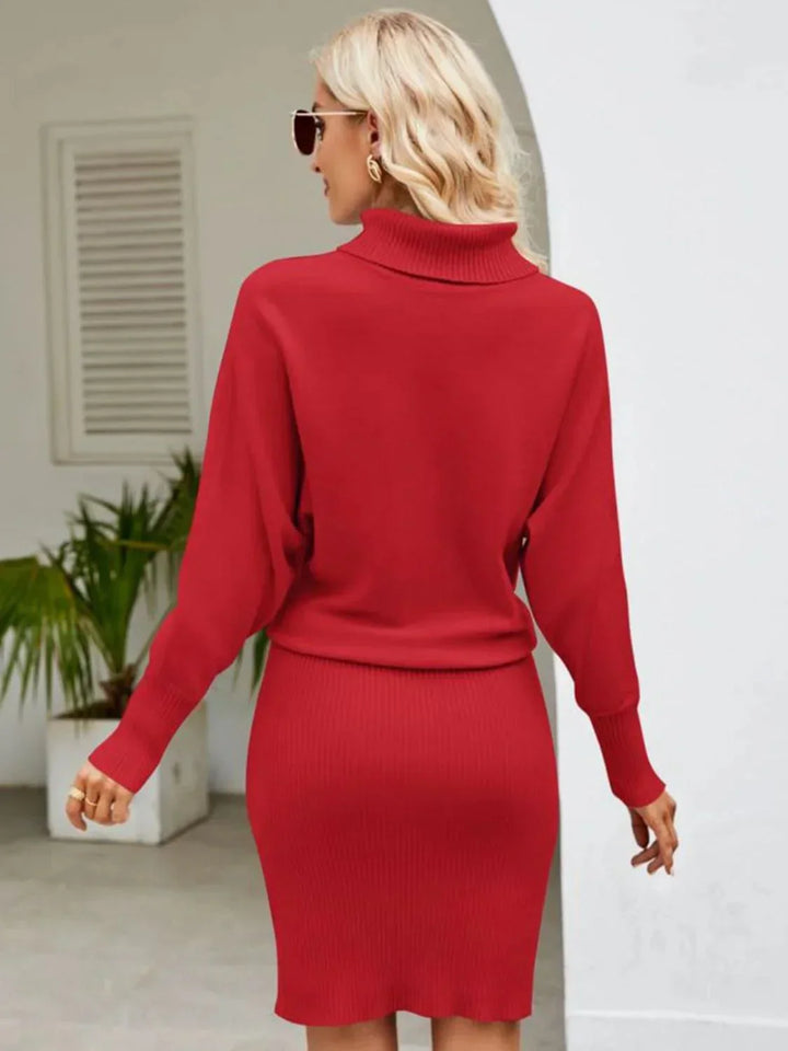 Robe midi en tricot côtelé, col roulé, manches longues, parfaite pour les journées fraîches d'automne et d'hiver.