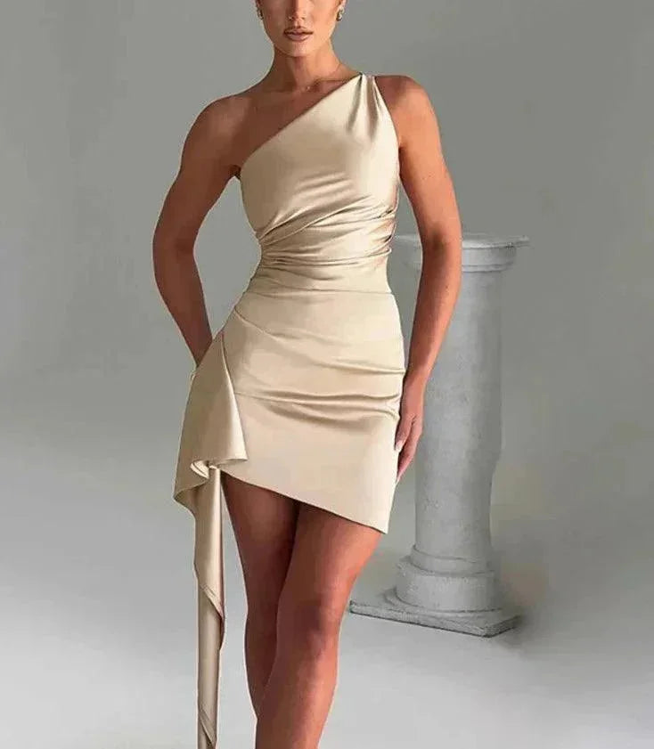 Abito Corto Donna Drappeggiato Monospalla Asimmetrico - Vesarelli