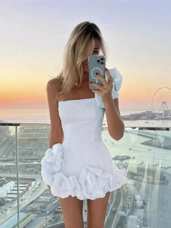 Abito Corto Donna Volant Spalle Scoperte Asimmetrico - Vesarelli