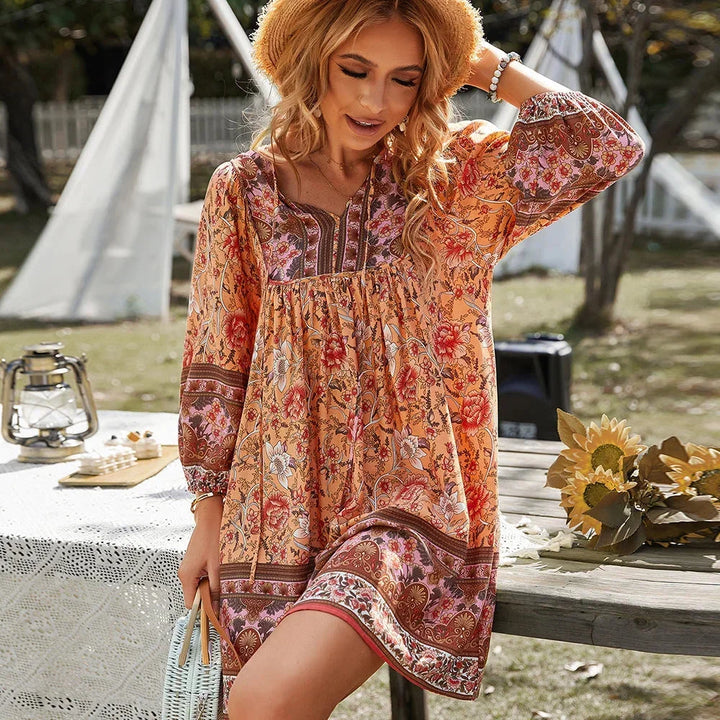 Abito Corto Donna Stampa Floreale Manica Lunga Bohemien - Vesarelli