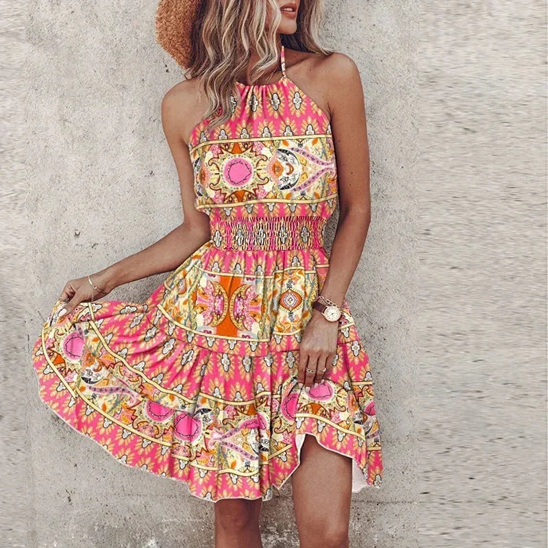 Abito Corto Donna Stile Bohemien Svasato Schiena Scoperta - Vesarelli
