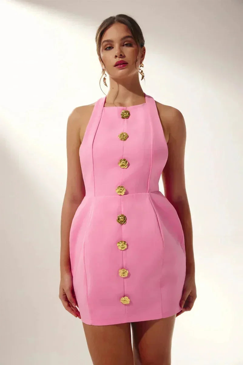Abito Corto Donna Sera con Bottoni Decorativi Collo Halter - Vesarelli