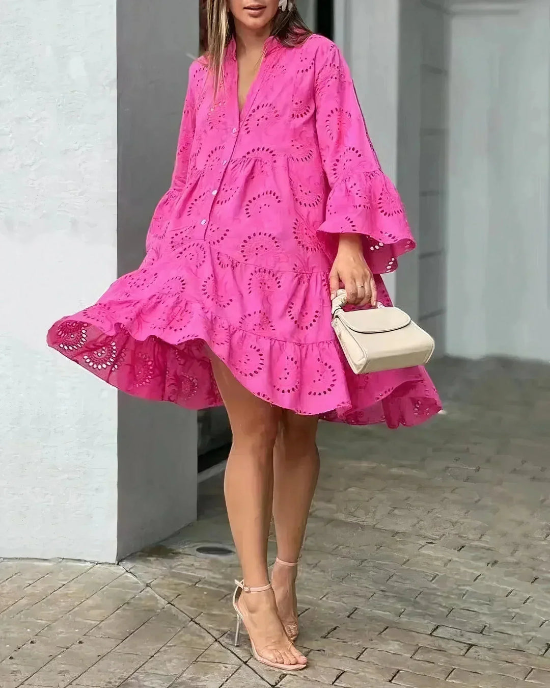 Abito Corto Donna in Broderie Anglaise Manica Lunga Volant - Vesarelli
