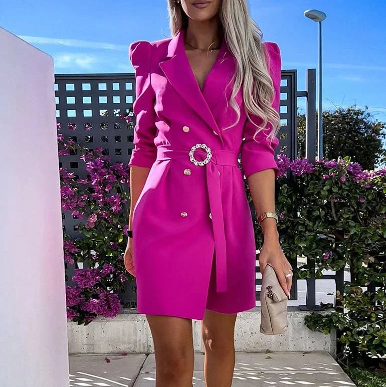 Robe courte à double boutonnage, ceinture et manches longues, en tissu léger, parfaite pour les soirées, disponible en…