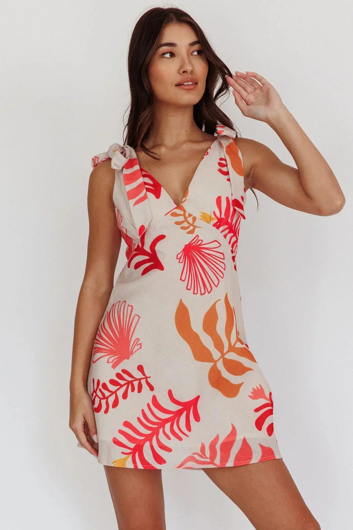 Abito Corto Donna Stampa Tropicale Scollo a V Spalle Annodate - Vesarelli