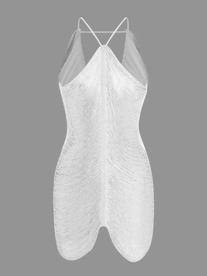 Robe courte asymétrique en tissu métallique avec fermeture éclair et dos nu, parfaite pour les soirées en club.