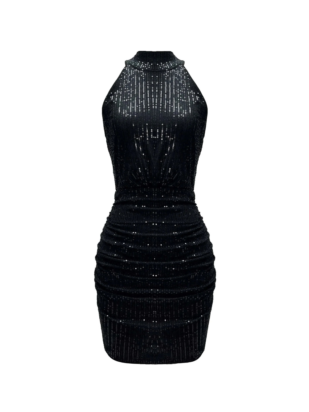 Robe courte noire sans manches avec paillettes, col américain et coupe élégante, idéale pour des soirées.