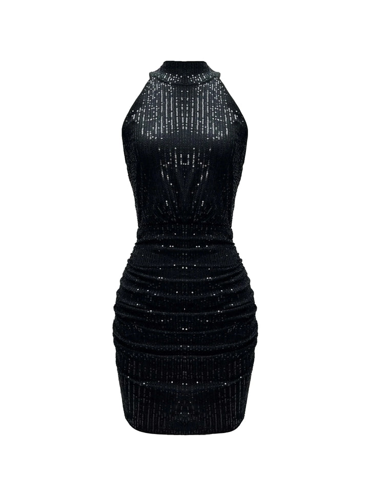 Robe courte noire sans manches avec paillettes, col américain et coupe élégante, idéale pour des soirées.