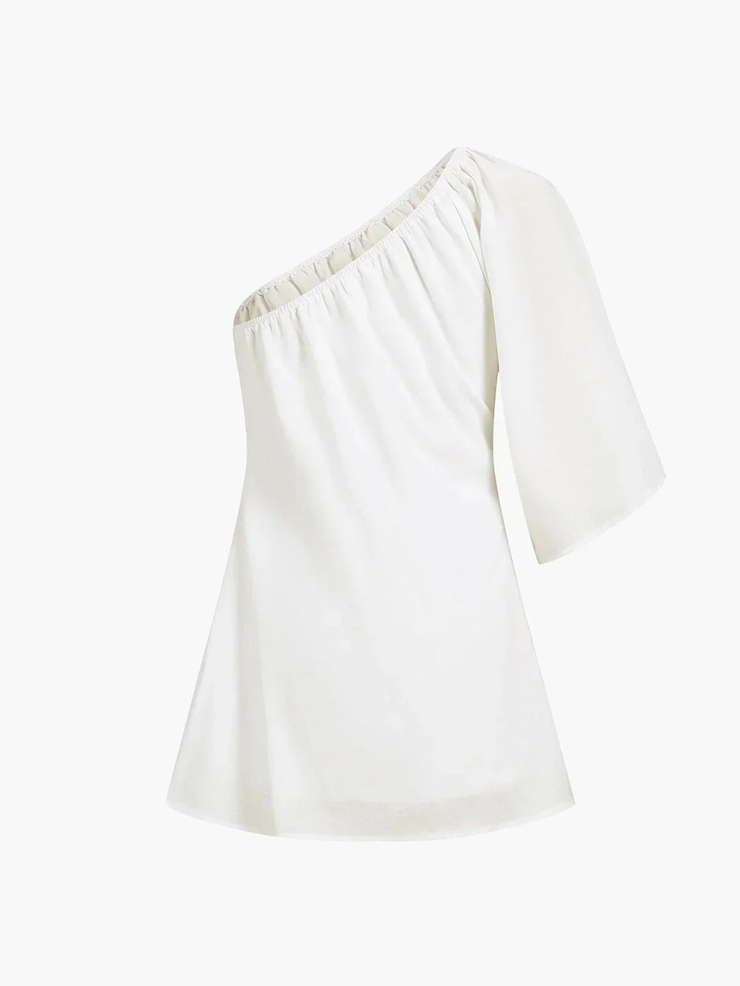 Robe courte à épaule dénudée, manches bouffantes, en tissu léger, idéale pour les soirées d'été.
