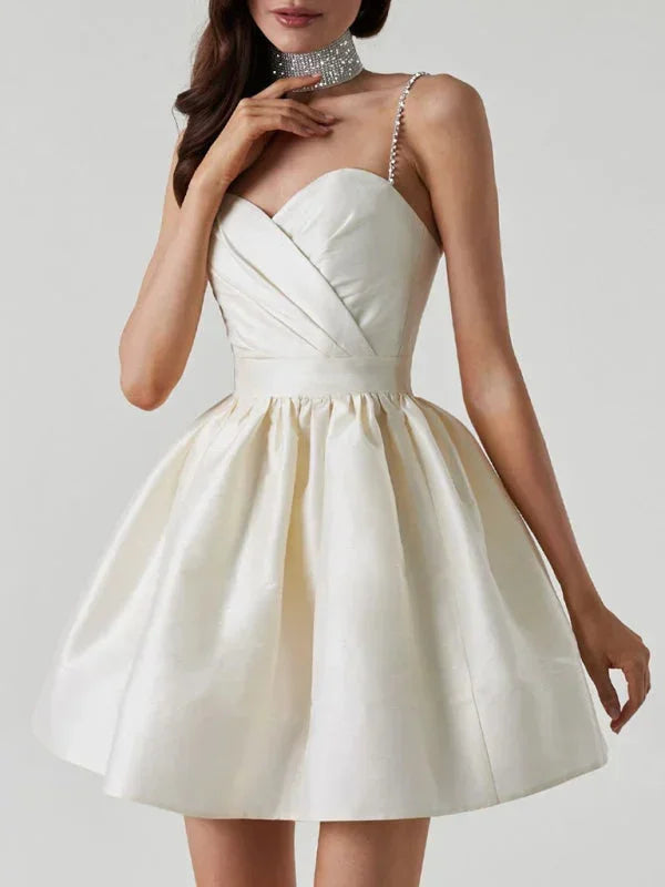Abito Corto Donna in Satin Bretelle con Strass Scollo Cuore - Vesarelli