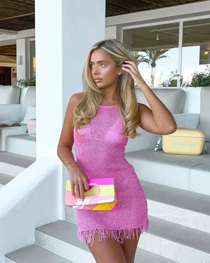 Abito Corto Donna Senza Maniche Frange Brillanti - Vesarelli