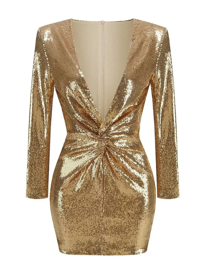 Robe courte à sequins dorés, manches longues, col en V drapé, idéale pour les soirées clubbing, en tissu scintillant.