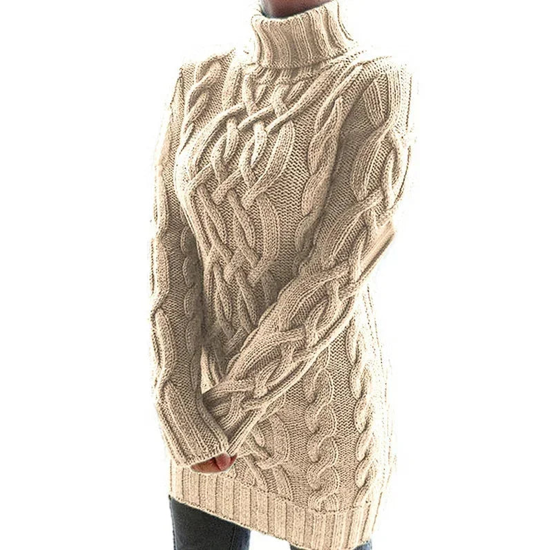 Robe pull torsadée col roulé en tissu épais, manches longues, parfaite pour des journées confortables et élégantes.