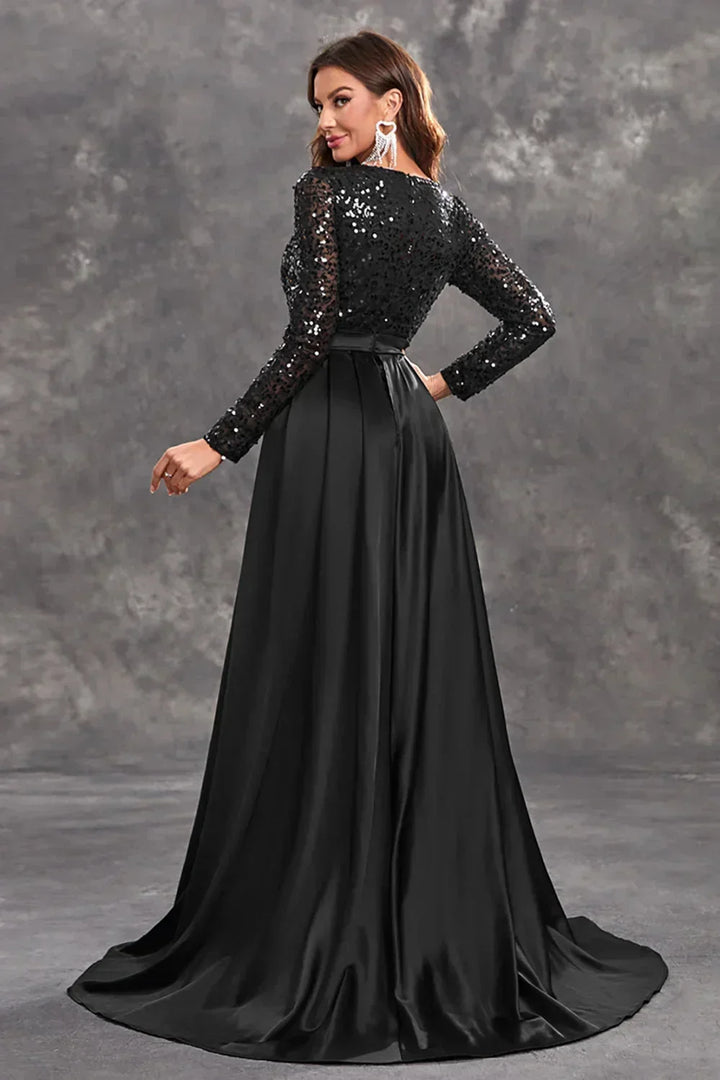 Robe soirée longue en satin, ornée de sequins, avec une jupe fluide et élégante pour un look sophistiqué.