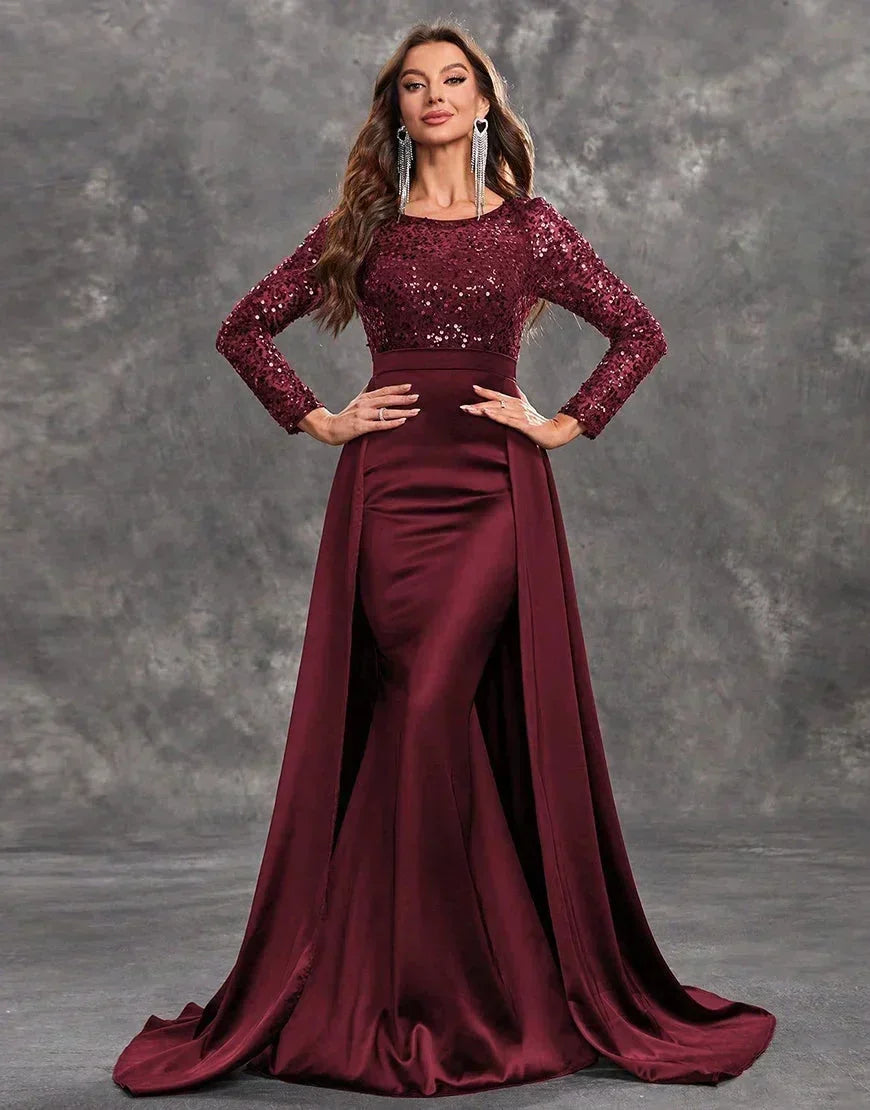 Robe soirée longue en Bourgogne, fabriquée en satin, ornée de sequins, avec une jupe fluide et élégante pour une allure chic.