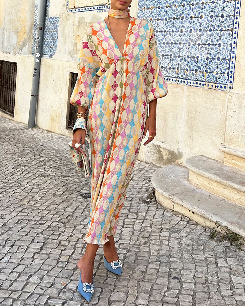 Abito Maxi Donna Scollo a V Maniche a Palloncino Stile Elegante - Vesarelli
