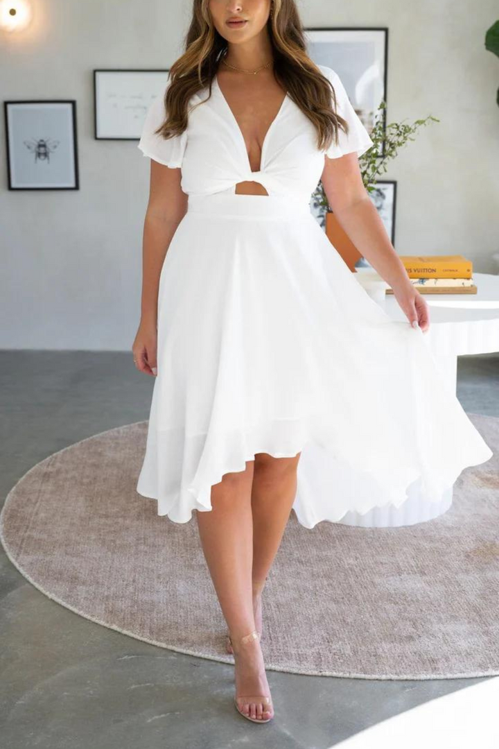 Abito Midi Donna in Raso Scollo a V Maniche Farfalla Gonna Asimmetrica