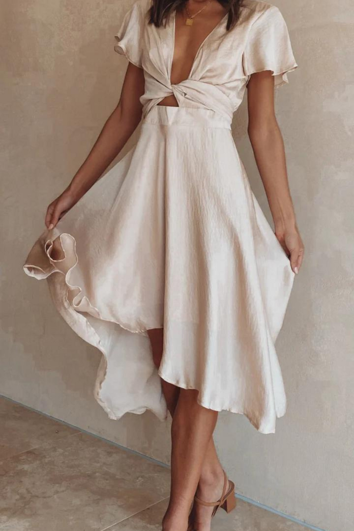 Abito Midi Donna in Raso Scollo a V Maniche Farfalla Gonna Asimmetrica