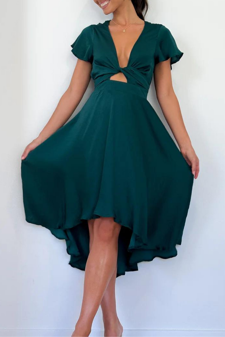Abito Midi Donna in Raso Scollo a V Maniche Farfalla Gonna Asimmetrica