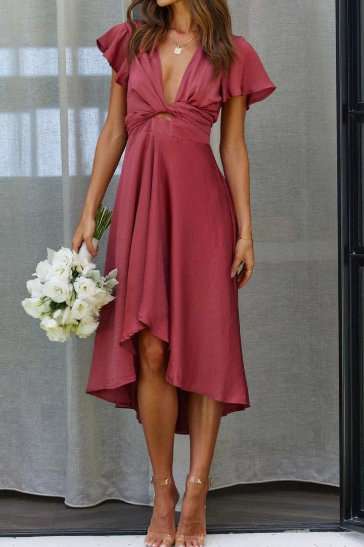 Abito Midi Donna in Raso Scollo a V Maniche Farfalla Gonna Asimmetrica