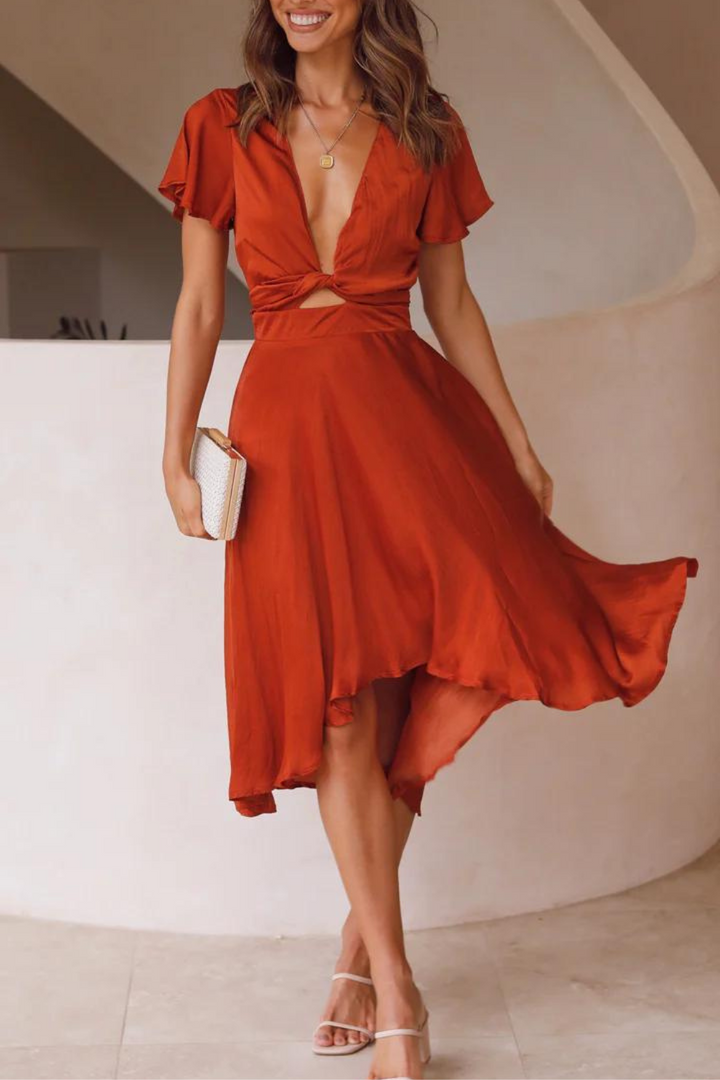Abito Midi Donna in Raso Scollo a V Maniche Farfalla Gonna Asimmetrica