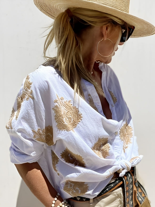 Blusa Donna Leggera in Tessuto Stampa Maniche Lunghe Estiva