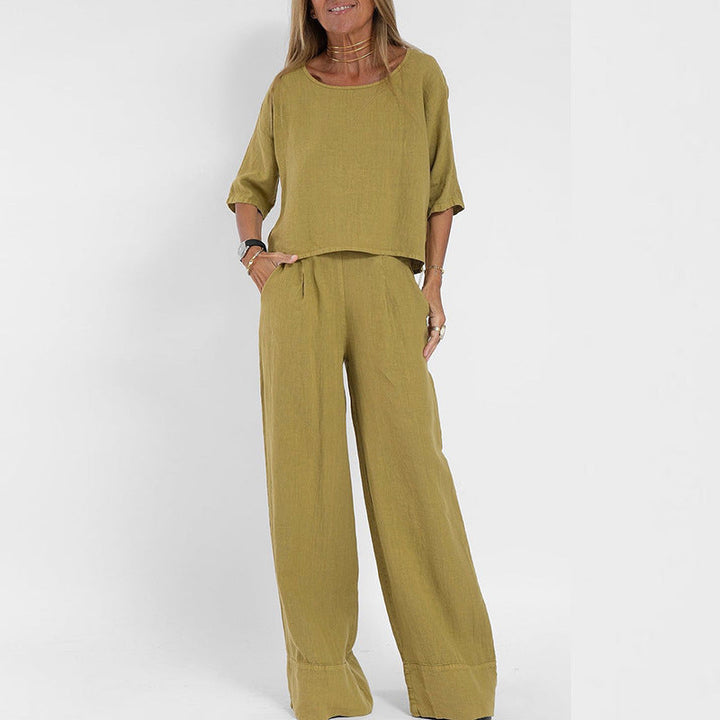Set Estivo Donna in Lino Fit Rilassato Manica Lunga Pantaloni Gamba - Vesarelli