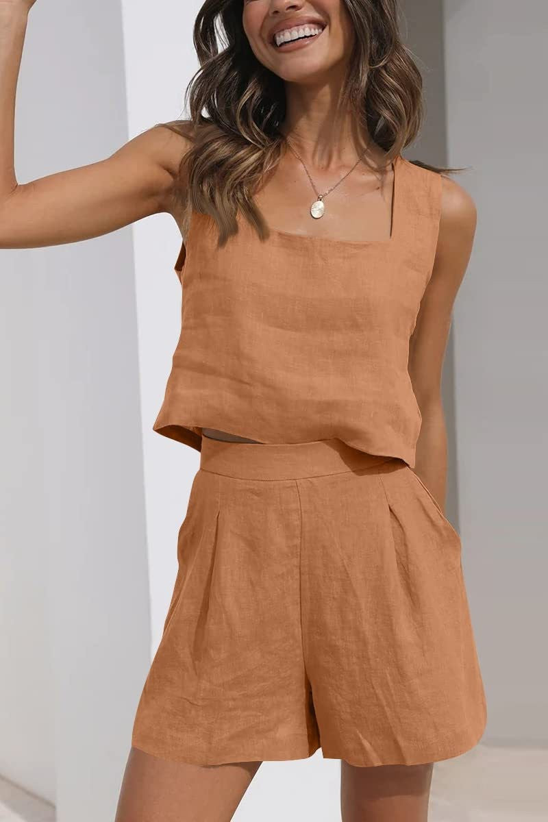Set Estivo Donna Lino Collo Quadrato Corto Pantaloncini Pieghettati - Vesarelli
