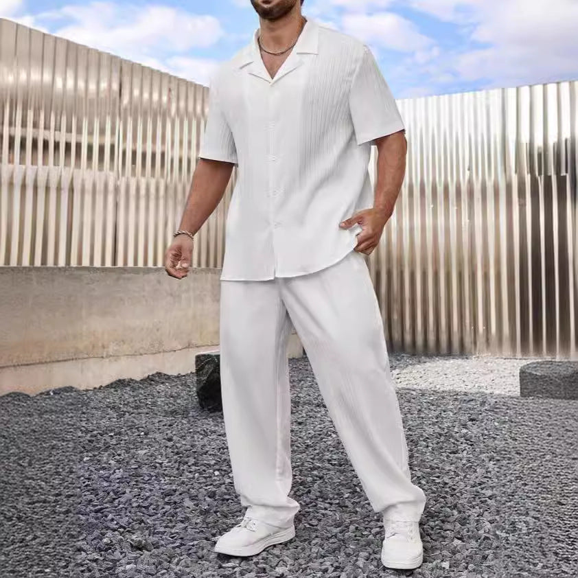 Set Estivo Uomo Camicia Maniche Corte e Pantaloni Lino Cotone Fit - Vesarelli