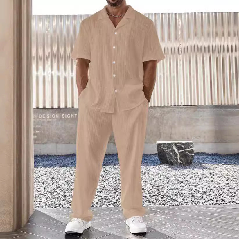 Set Estivo Uomo Camicia Maniche Corte e Pantaloni Lino Cotone Fit - Vesarelli