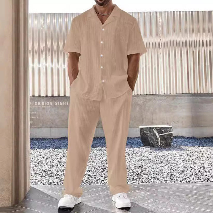Set Estivo Uomo Camicia Maniche Corte e Pantaloni Lino Cotone Fit - Vesarelli