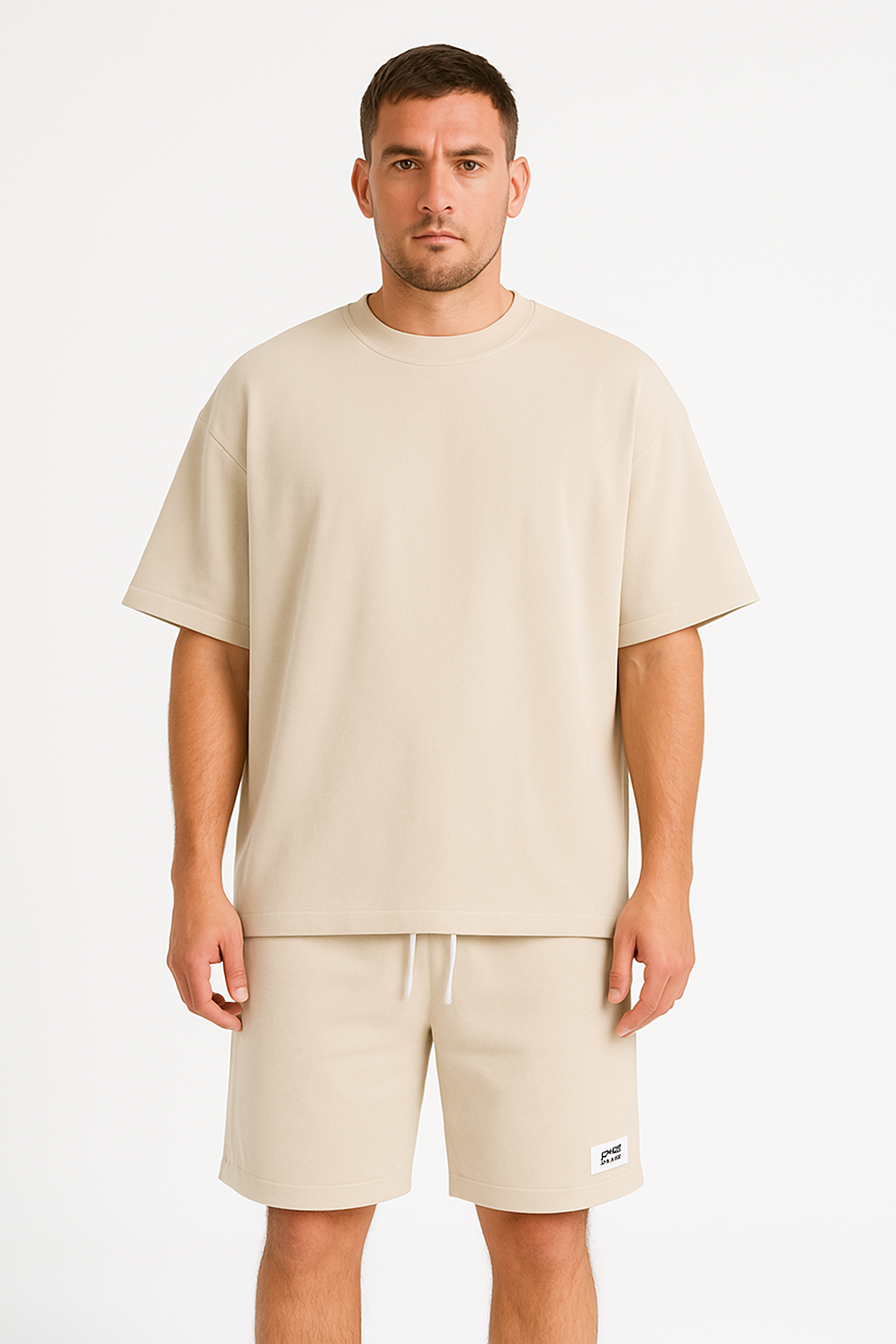 Uomo in t-shirt beige oversize e pantaloncini coordinati, moda casual estiva, abbigliamento maschile, sfondo bianco.