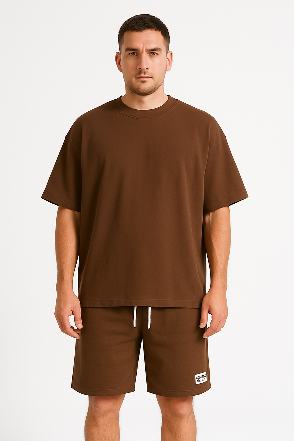 Uomo con t-shirt marrone oversize e pantaloncini abbinati, su sfondo bianco. Abbigliamento casual estivo, moda uomo, stile minimalista.