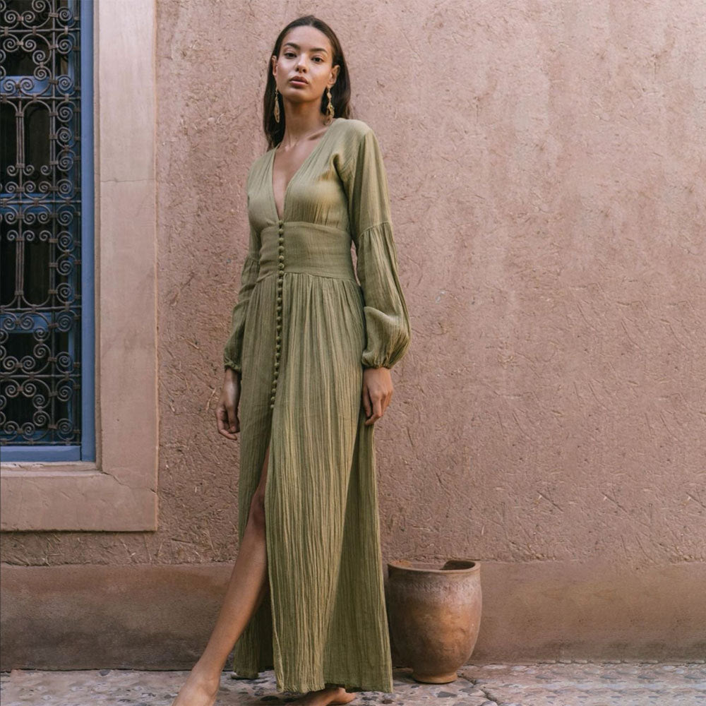 Abito lungo Donna in Tessuto Leggero Scollo a V Stile Boho Svolazzante - Vesarelli
