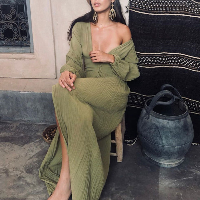 Abito lungo Donna in Tessuto Leggero Scollo a V Stile Boho Svolazzante