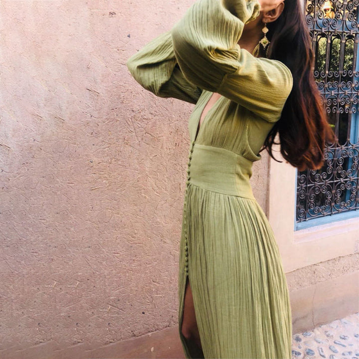 Abito lungo Donna in Tessuto Leggero Scollo a V Stile Boho Svolazzante