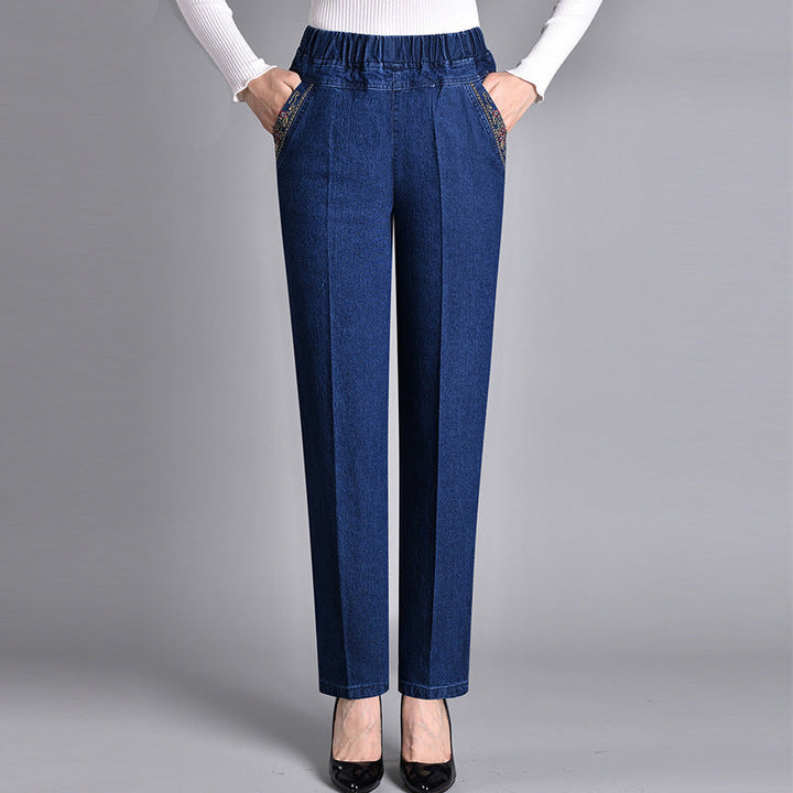 Pantaloni Donna in Denim Vita Alta Tasche Gamba Dritta