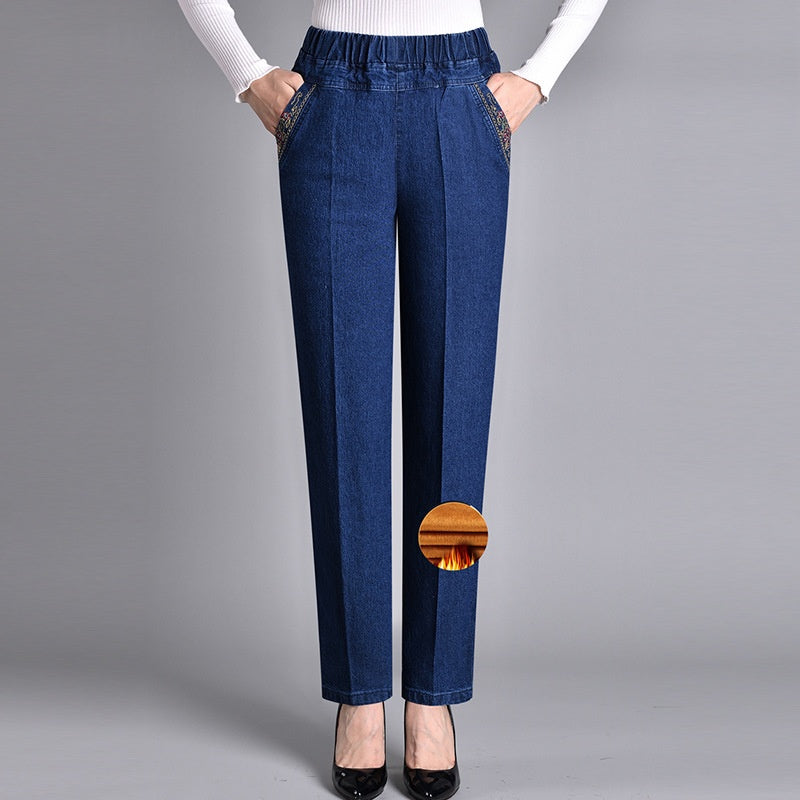 Pantaloni Donna in Denim Vita Alta Tasche Gamba Dritta