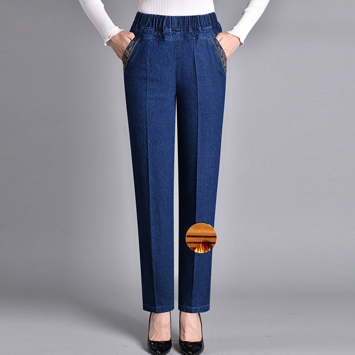 Pantaloni Donna in Denim Vita Alta Tasche Gamba Dritta
