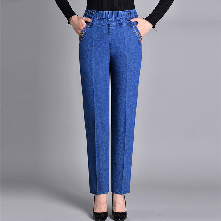 Pantaloni Donna in Denim Vita Alta Tasche Gamba Dritta - Vesarelli