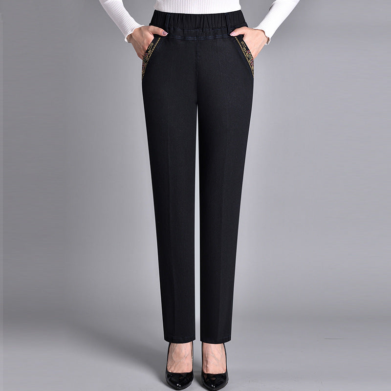 Pantaloni Donna in Denim Vita Alta Tasche Gamba Dritta
