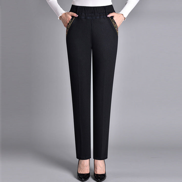 Pantaloni Donna in Denim Vita Alta Tasche Gamba Dritta