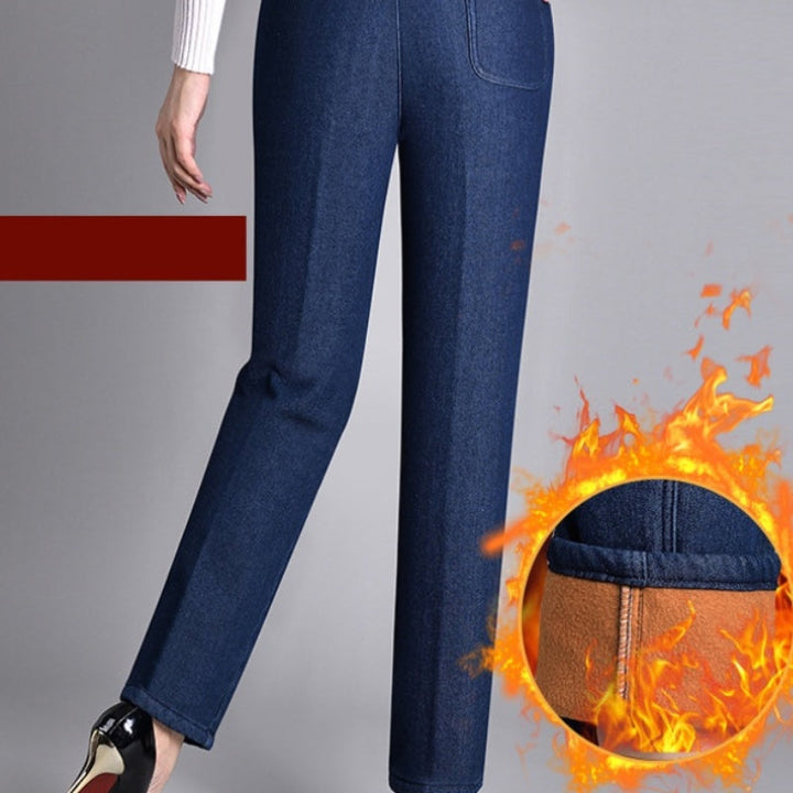 Pantaloni Donna in Denim Vita Alta Tasche Gamba Dritta