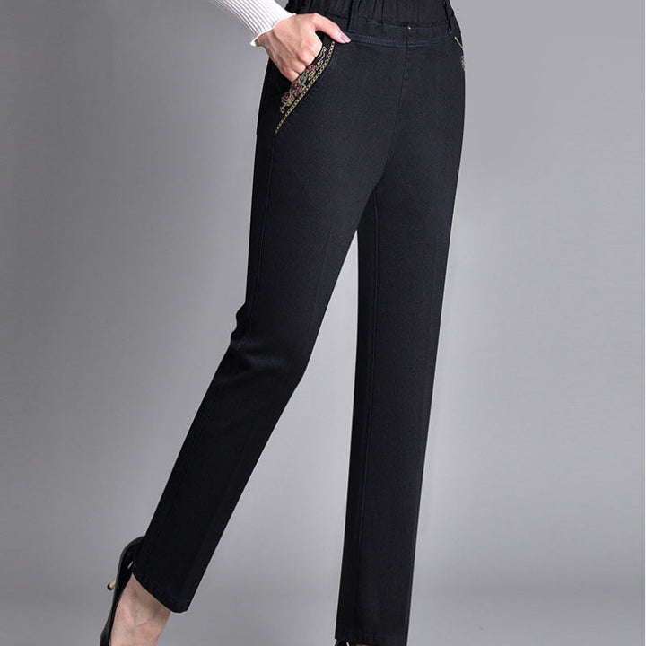 Pantaloni Donna in Denim Vita Alta Tasche Gamba Dritta