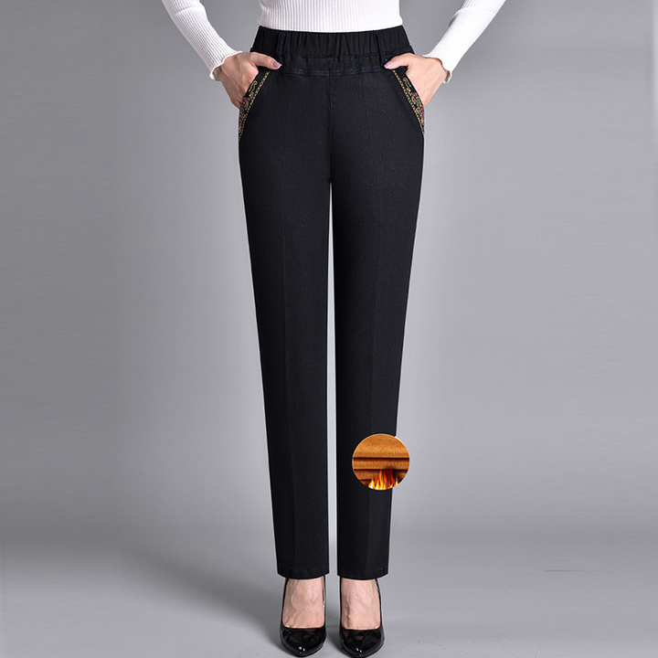 Pantaloni Donna in Denim Vita Alta Tasche Gamba Dritta